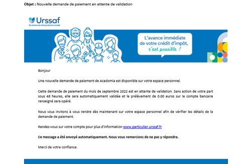 Visualisation de l'email de la première notification urssaf