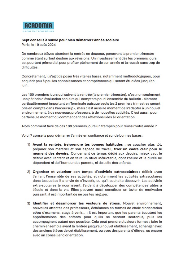 Communiqué de presse, conseil pour bien démarrer la rentrée, paru le 19 août 2024