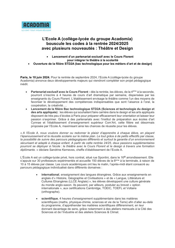 Communiqué de presse Acadomia sur l'école A