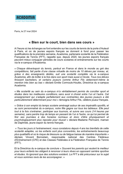 Communiqué de presse Acadomia sur le sport étude