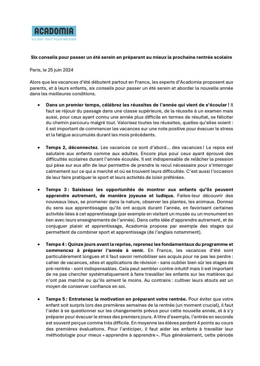 Communiqué de presse Acadomia sur la rentrée scolaire