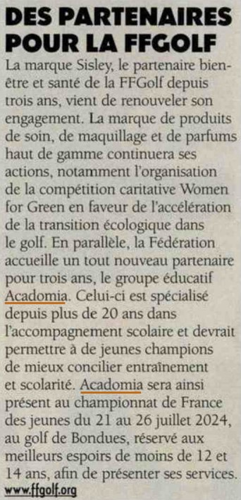 article de Golf Magazine sur le partenariat d'Acadomia avec la FFGolf, paru le 1 juillet 2024