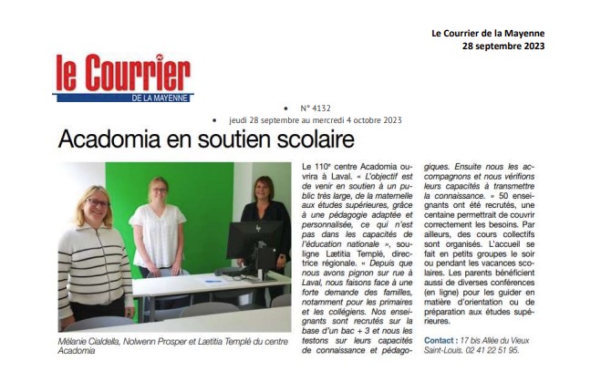 article le Courrier de la Mayenne sur l'ouverture d'un centre acadomia à Laval, paru le 28 septembre 2023