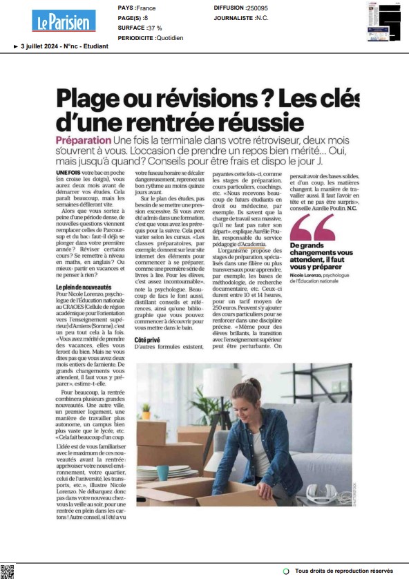 article le Parisien sur les révisions avant la rentrée en 1ère année d'étude sup, paru le 03 juillet 2024