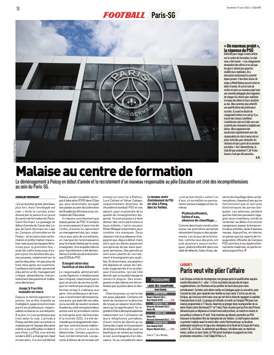 article de l'equipe sur le centre de formation du Paris-SG, paru le 19 avril 2024