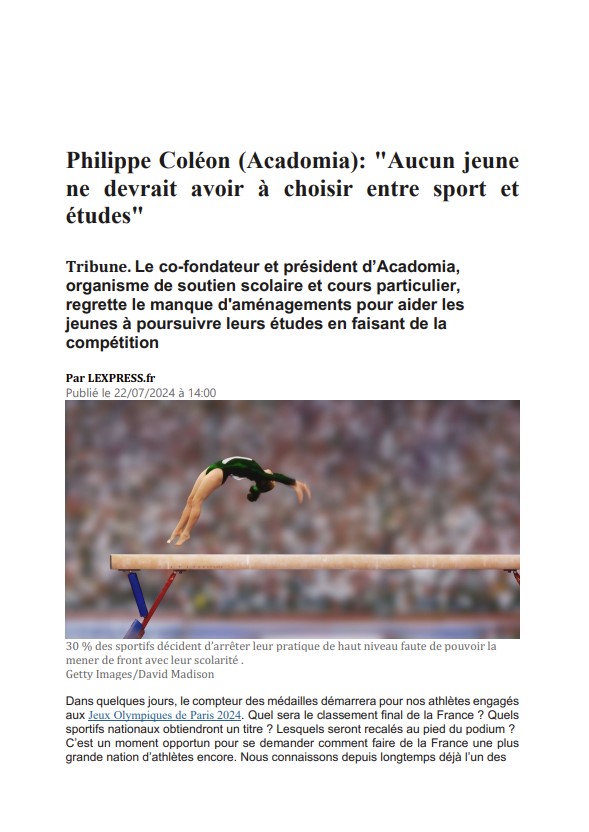 Tribune l'express de Philippe Coléon sur l'aménagement du sport des jeunes pendant leurs études, paru le 22 juillet 2024