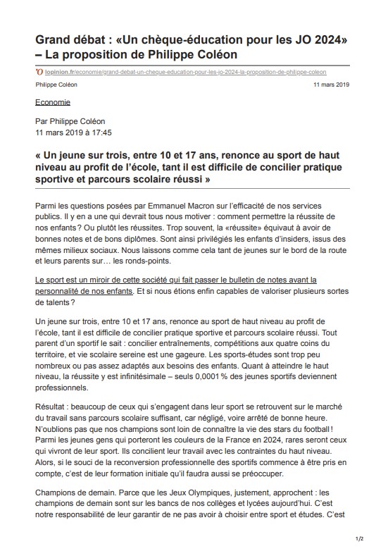 Article L'Opinion de Philippe Coléon sur la mise en place d'un 