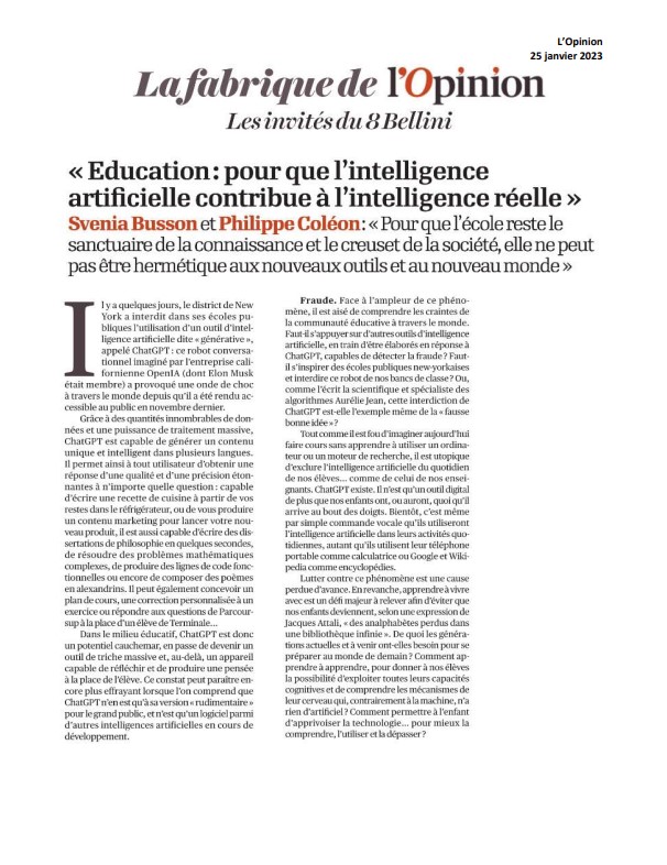 Article L'Opinion de Philippe Coléon sur l'utilisation de l'intelligence artificiel au sein de l'éducation, paru le 25 janvier 2023