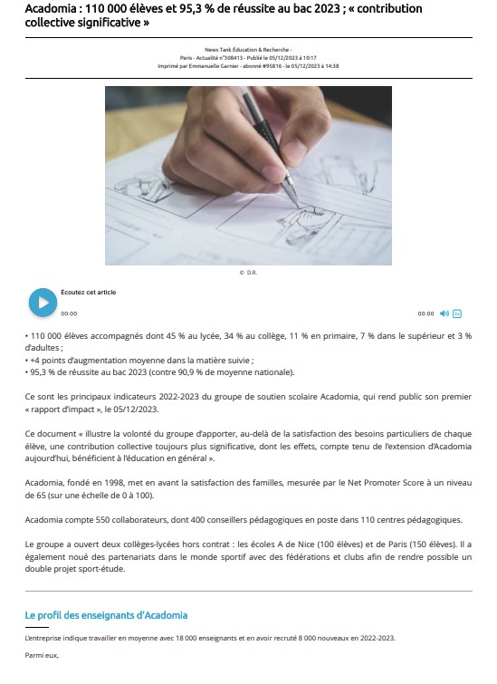 article de News Tank sur le rapport d'impact d'Acadomia, paru le 5 décembre 2023