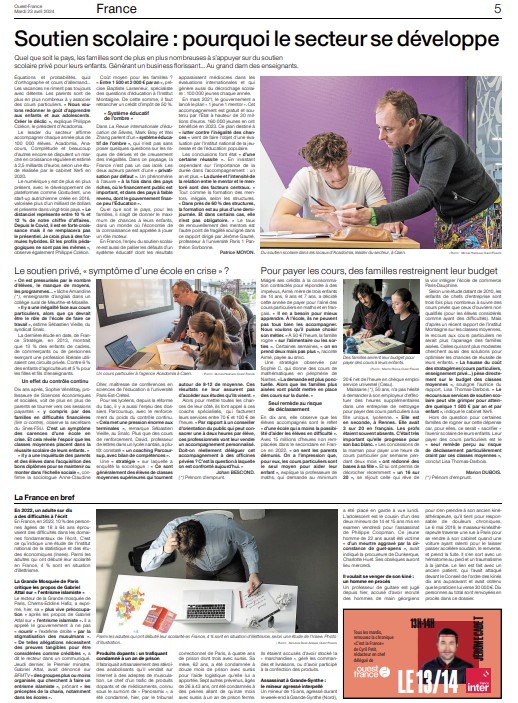article de Ouest-France sur le développement du soutien scolaire, paru le 23 avril 2024