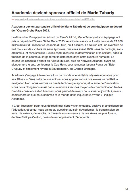 article de sponsoring.fr sur le partenariat d'Acadomia avec Marie Tabarly, paru le 12 septembre 2023