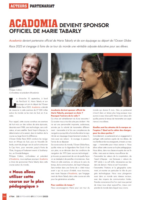 article de Sport Stratégies sur le partenariat d'Acadomia avec Marie Tabarly, paru le 25 septembre 2023