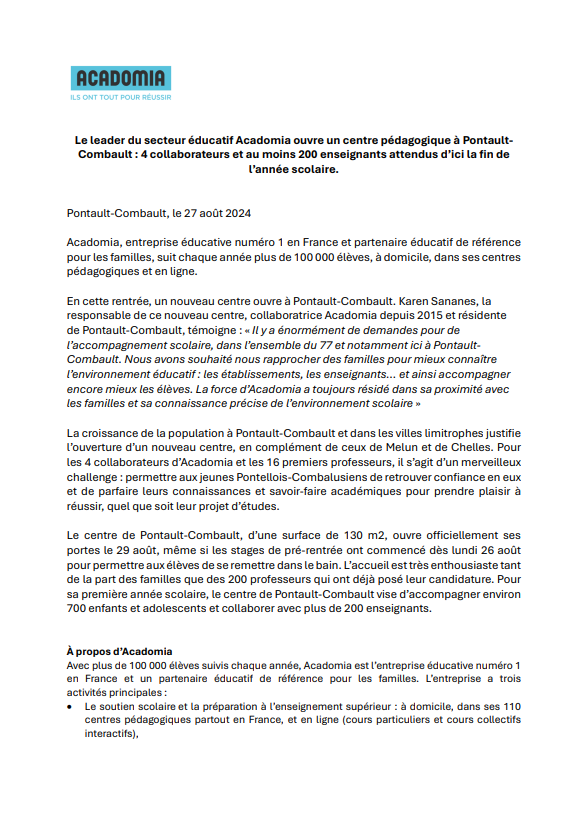 Communiqué de presse, ouverture de l'agence Acadomia de Pontault-Combault, paru le 27 août 2024