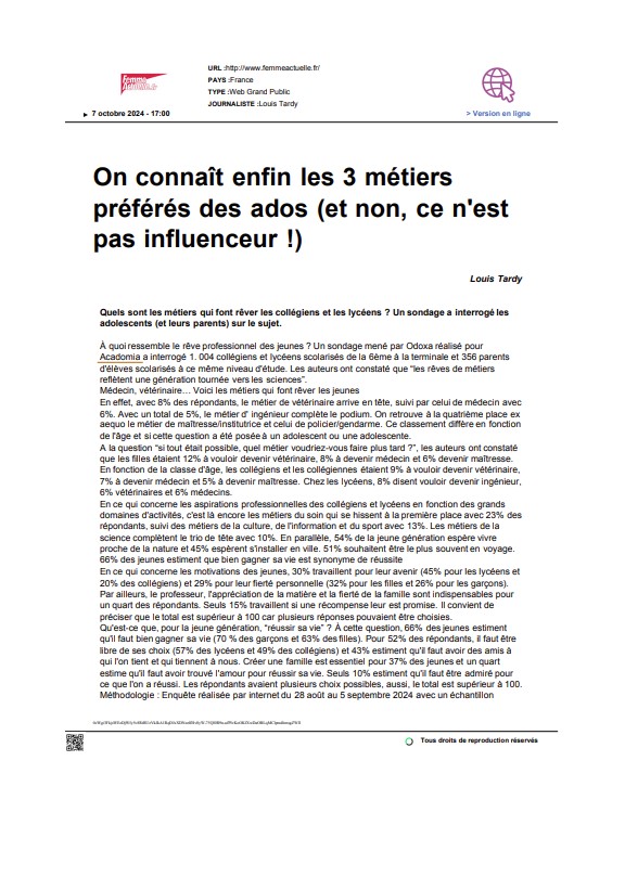 Article Femme Actuelle paru le 7 octobre 2024