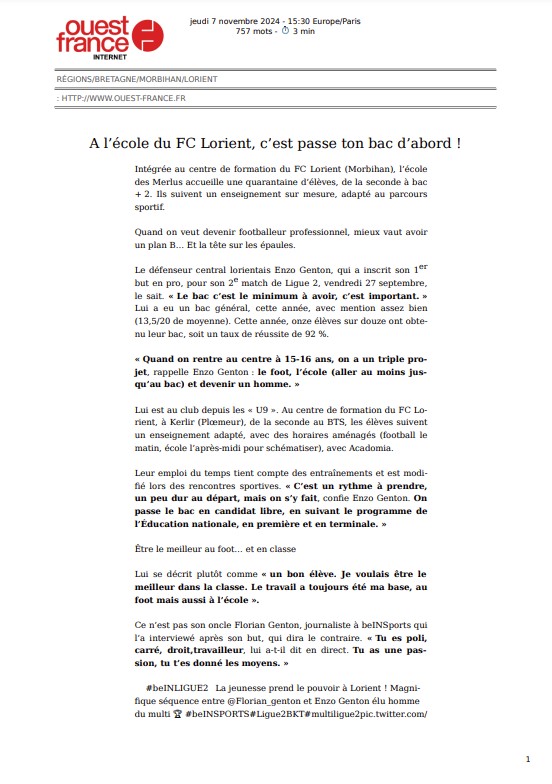 Article Ouest France paru le 7 novembre 2024