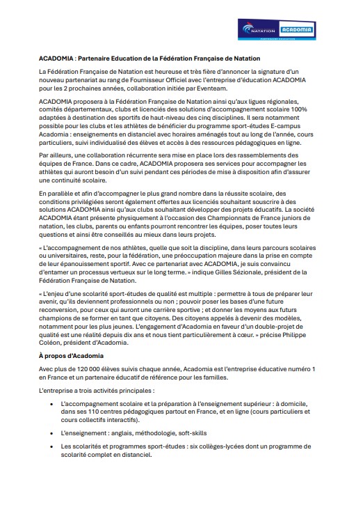 Communiqué de presse partenariat acadomia et FFNatation