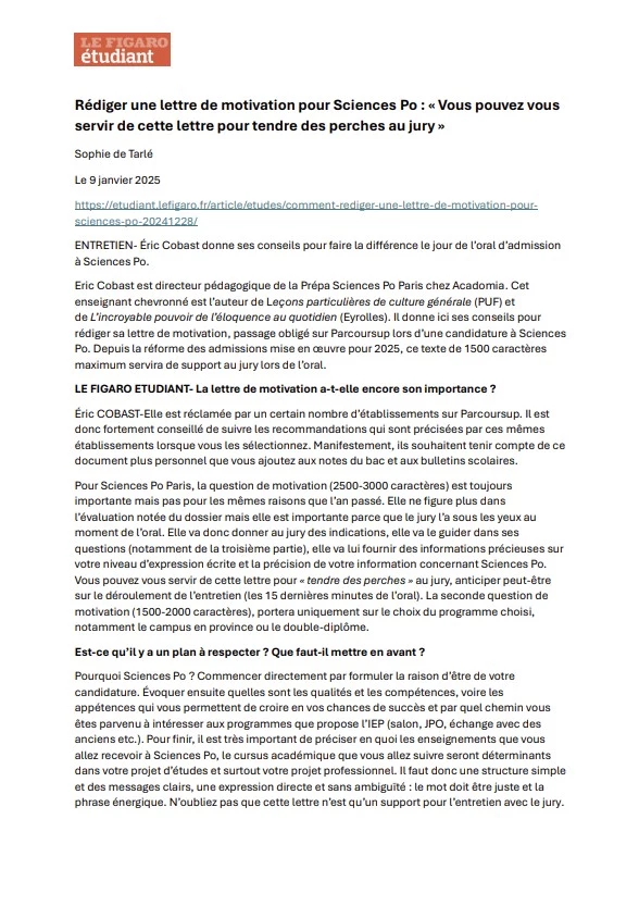 article le figaro sur l'oral d'admission à Sciences Po, paru le 9 janvier 2025