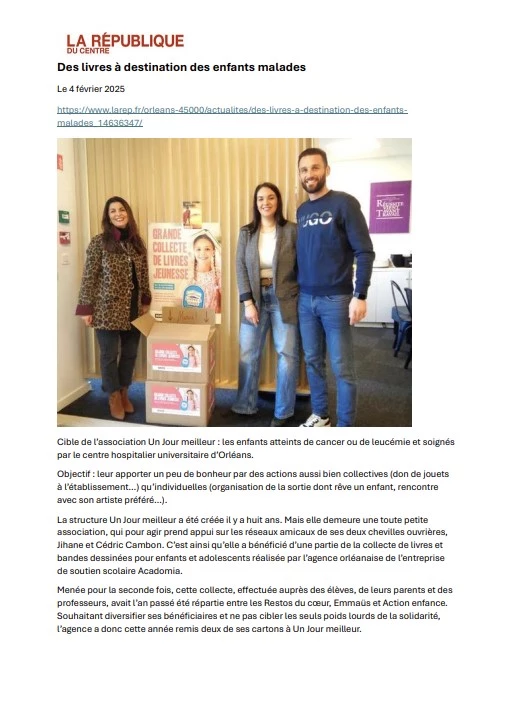article la république du centre sur l'opération livres à vous à l'agence Acadomia d'Orléans, paru le 4 février 2025