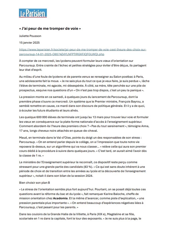 article Le parisien sur le choix de sa voie sur parcoursup, paru le 15 janvier 2025