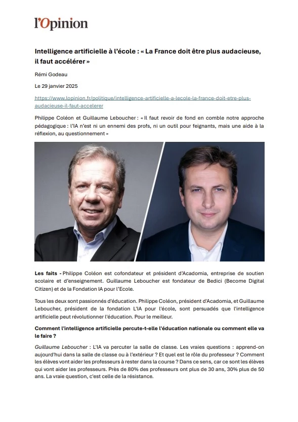 article l'opinion sur l'IA dans l'éducation, paru le 29 janvier 2025