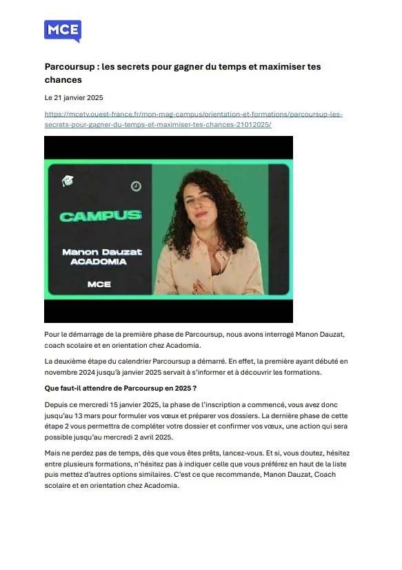 article ma chaine étudiante sur parcoursup, paru le 21 janvier 2025