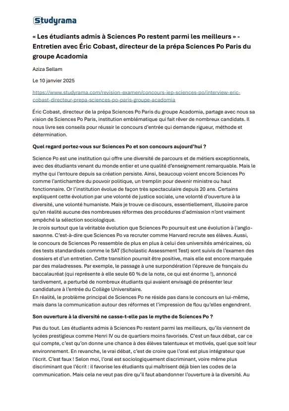 article studyrama sur l'oral d'admission à Sciences Po, paru le 10 janvier 2025