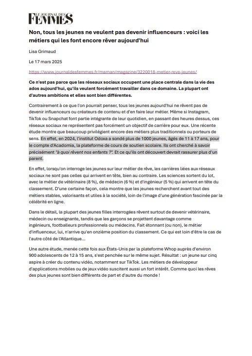 Article le journal des femmes paru le 17 mars 2025, sur les métiers qui font rêver les jeunes