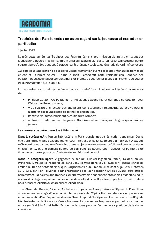 Communiqué de presse lauréats des bourses Trophées des Passionnées