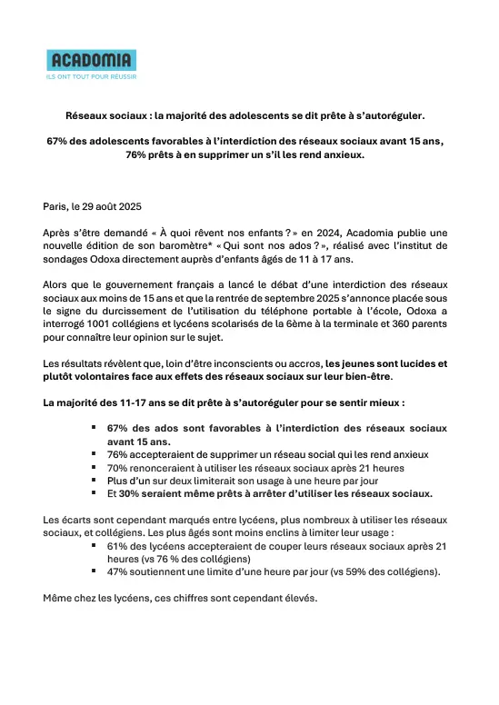 Visuel du communiqué de presse Réseaux sociaux et les adolescentes