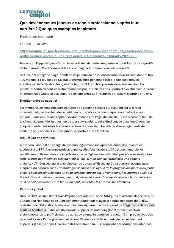 Article Le figaro paru le 9 juin 2025, sur la suite de la carrière professionnelle des joueurs de tennis