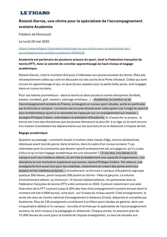 Article Le figaro paru le 26 mai 2025, sur le partenariat Acadomia X FFT