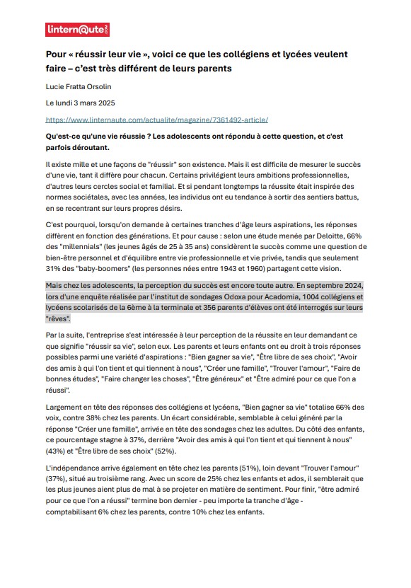 Article l'Internaute paru le 03 mars 2025, sur les métiers qui font rêver les jeunes