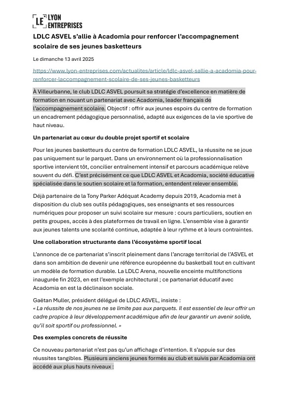 Article Lyon Entreprises paru le 13 avril 2025, sur le partenariat Acadomia X LDLC ASVEL