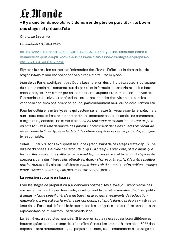 Article Le Monde paru le 18 juillet 2025, sur les stages et prépas d'été