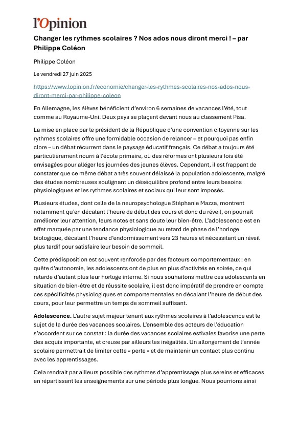 Article L'Opinion paru le 27 juin 2025, sur des changements de rythme scolaires