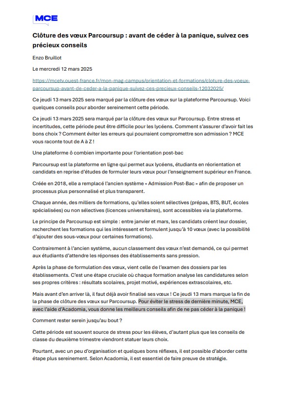 Article ma chaine etudiante paru le 12 mars 2025, sur la clôture des voeux parcoursup