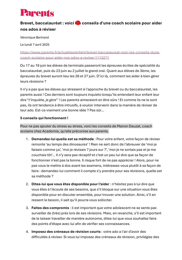 Article Parents paru le 7 avril 2025, sur les révisions du brevet et du bac