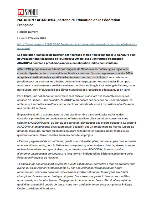 Article PA Sport paru le 27 février 2025, sur le partenariat acadomia X FFN