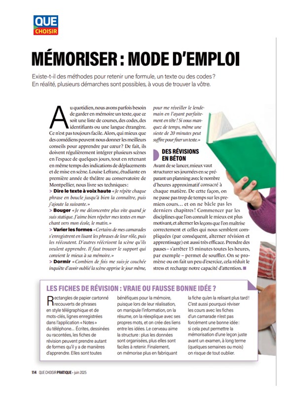 Article Que choisir paru en juin 2025, sur la mémorisation