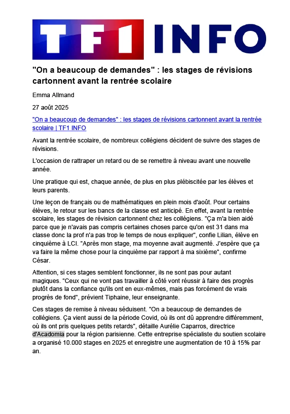 article TF1 info sur les stages de révisions avant la rentrée scolaire, paru le 27 aout 2025