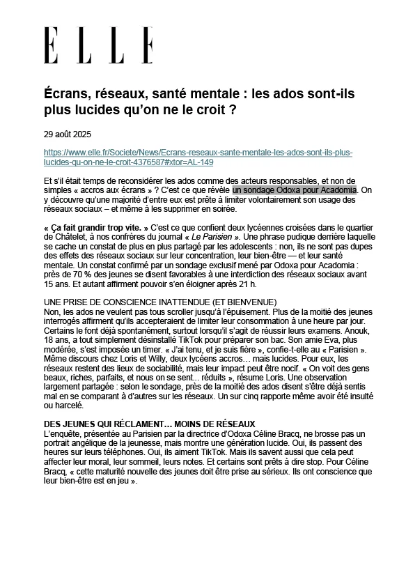 article Elle sur la lucidité des ados par rapport aux réseaux sociaux, paru le 29 aout 2025