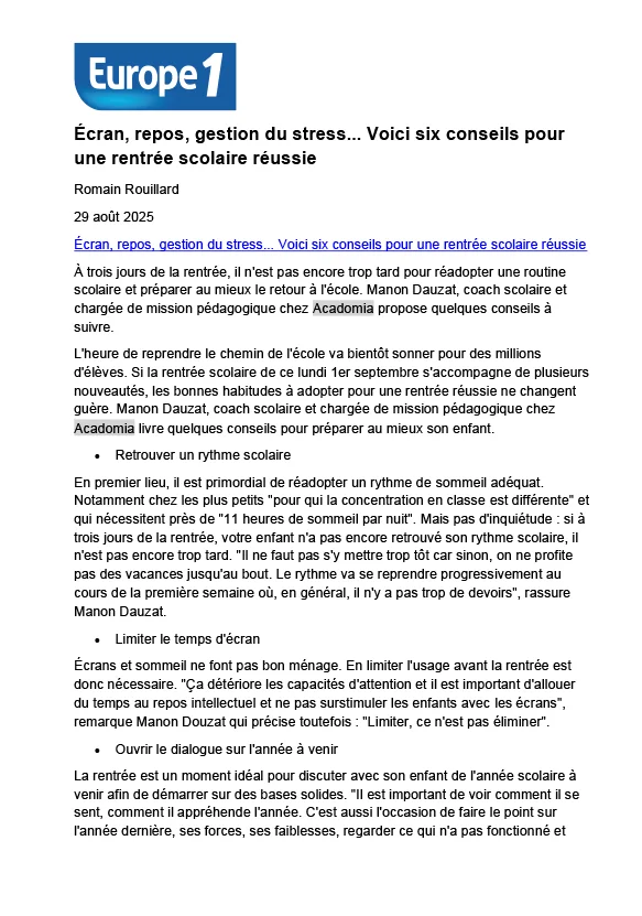 article Europe 1 sur les conseils pour une rentrée scolaire réussie, paru le 27 aout 2025