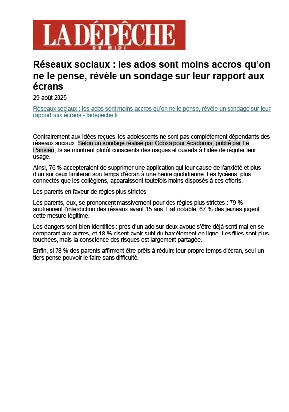 article La Dépêche sur un sondage sur le rapport aux écrans chez les ados, paru le 29 aout 2025
