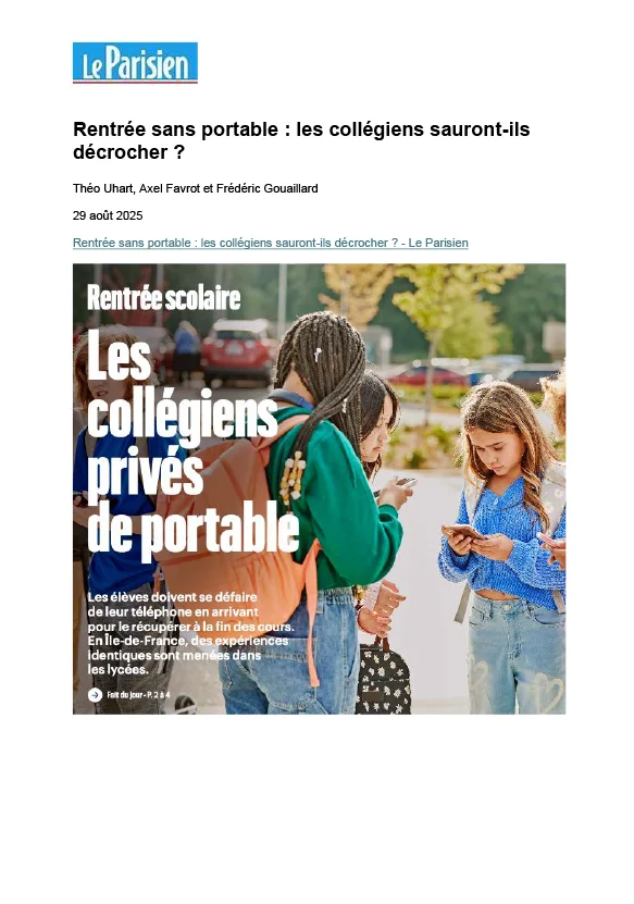 article Le Parisien sur la rentrée sans portable , paru le 29 aout 2025