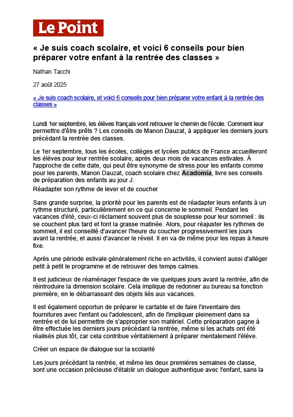 article Le Point sur les conseils pour préparer la rentrée des classes, paru le 27 aout 2025