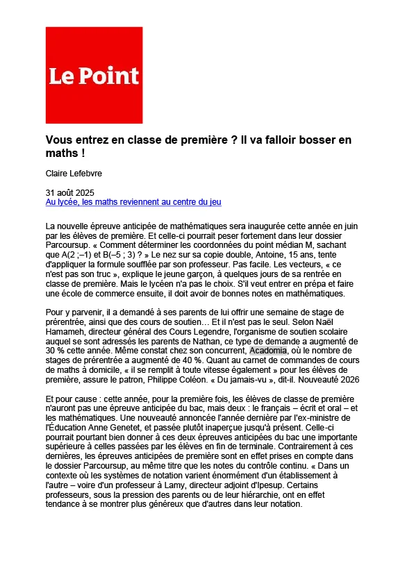 article Le Point sur les conseils pour préparer la rentrée des classes, paru le 27 aout 2025