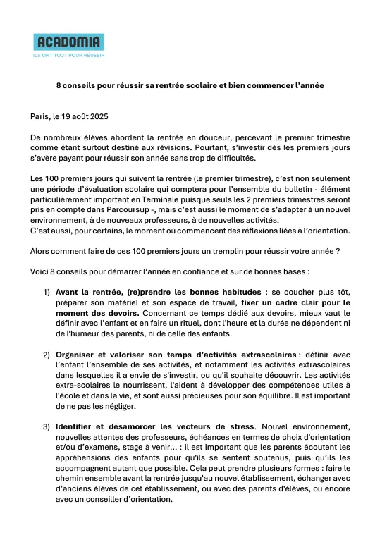 Visuel du communiqué de presse 8 conseils pour réussir sa rentrée scolaire 2025
