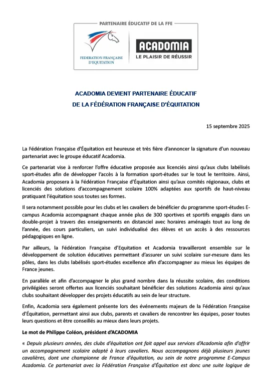 Visuel du communiqué de presse Acadomia partenaire de la FFE