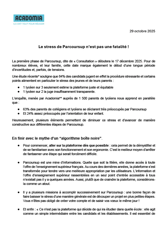 Visuel du communiqué de presse Le stress de Parcoursup