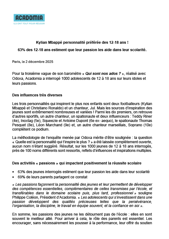 Visuel du communiqué de presse Kylian Mbappé personnalité préférée des 12-18 ans
